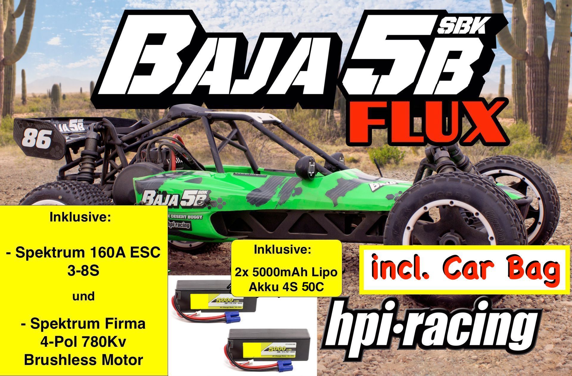 160324/02 HPI Baja 5B SBK Flux Bausatz Elektro mit original Spektrum 3-8S Regler und 780 kV Brushless Motor incl. 8S Fahrakkus und Car Bag !