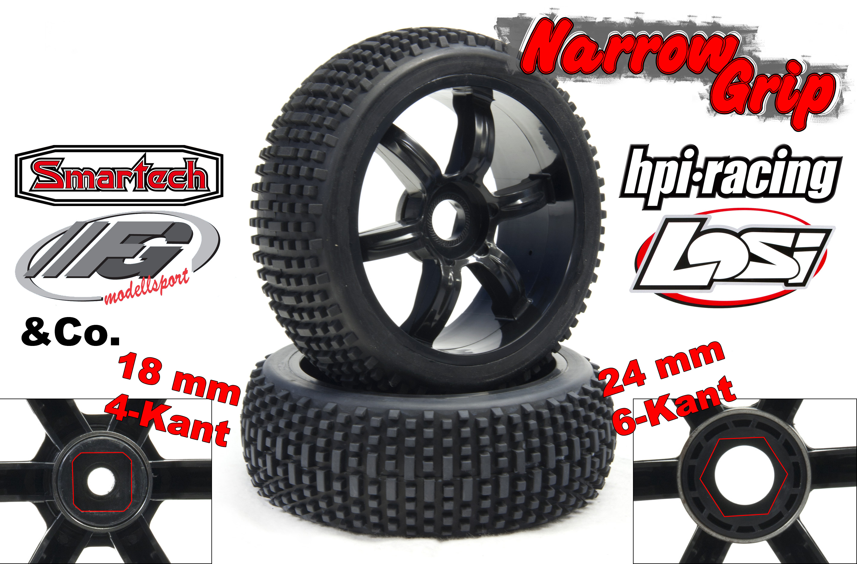 y0658/02 Narrow-Grip Typ 462 Reifen für Losi, HPI, Carson und Co mit 24 mm 6-Kantaufnahme y0658/02 Narrow-Grip Typ 462 Reifen für Losi, HPI, Carson und Co mit 24 mm 6-Kantaufnahme