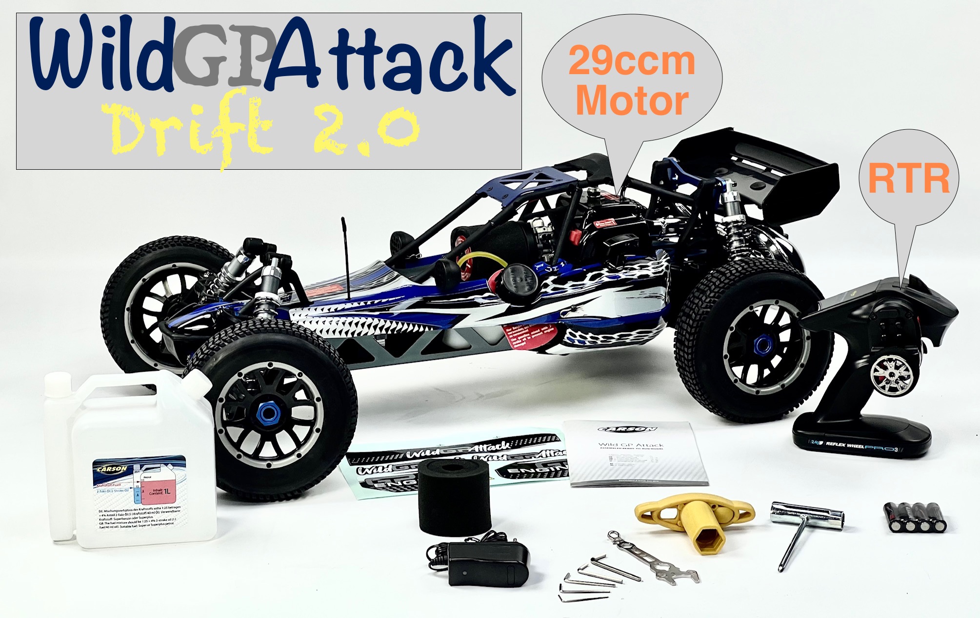 500304033D/2.0 Carson 1:5 Wild GP Drift Attack Blau 2.4G RTR, 29 cm³ Motor, incl. allem Zubehör