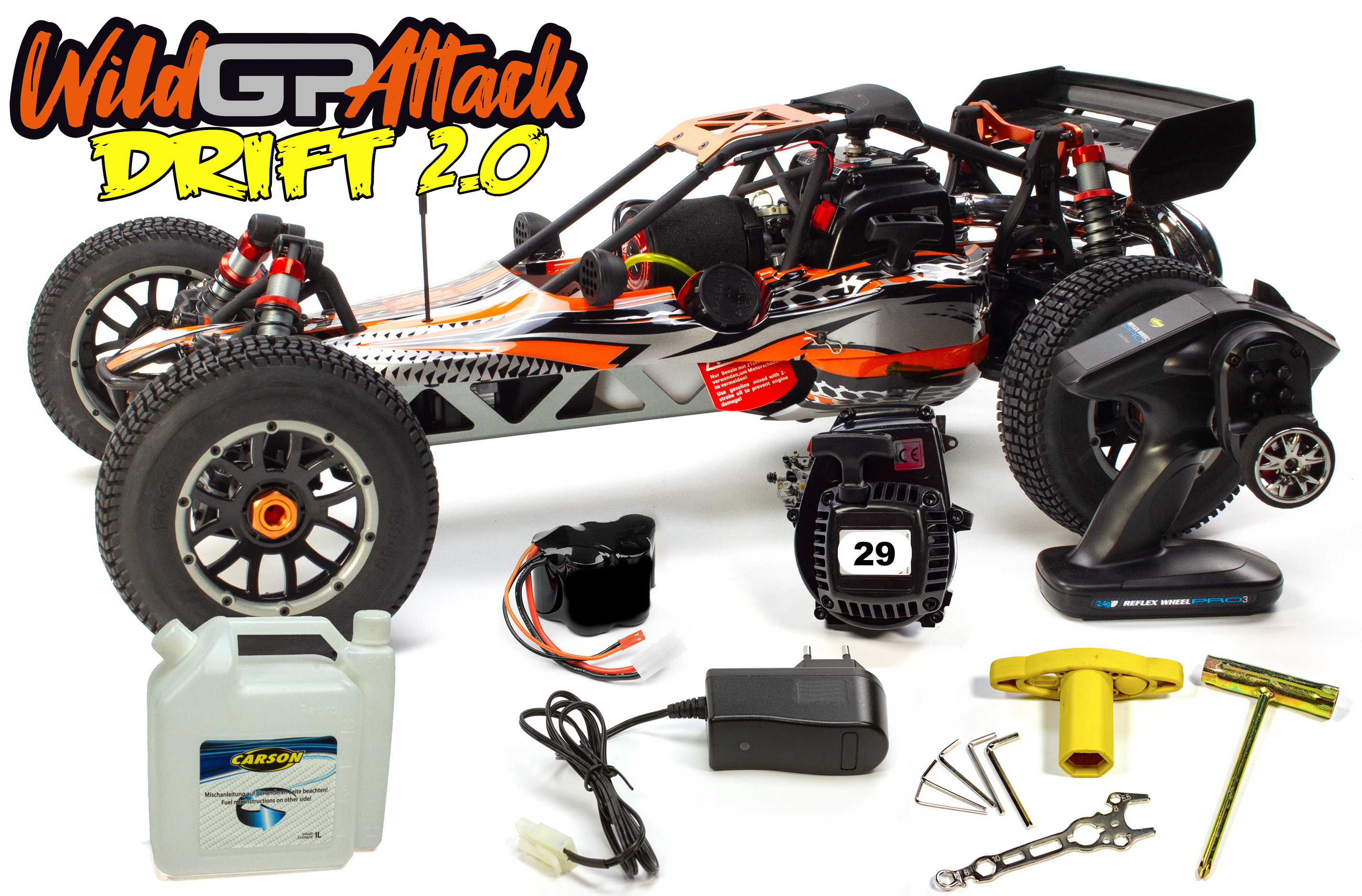 500304032D/2.0 Carson 1:5 Wild GP Drift Attack 2.4G RTR, 29 cm³ Motor, incl. allem Zubehör 500304032D/2.0 Carson 1:5 Wild GP Drift Attack 2.4G RTR, 29 cm³ Motor, incl. allem Zubehör