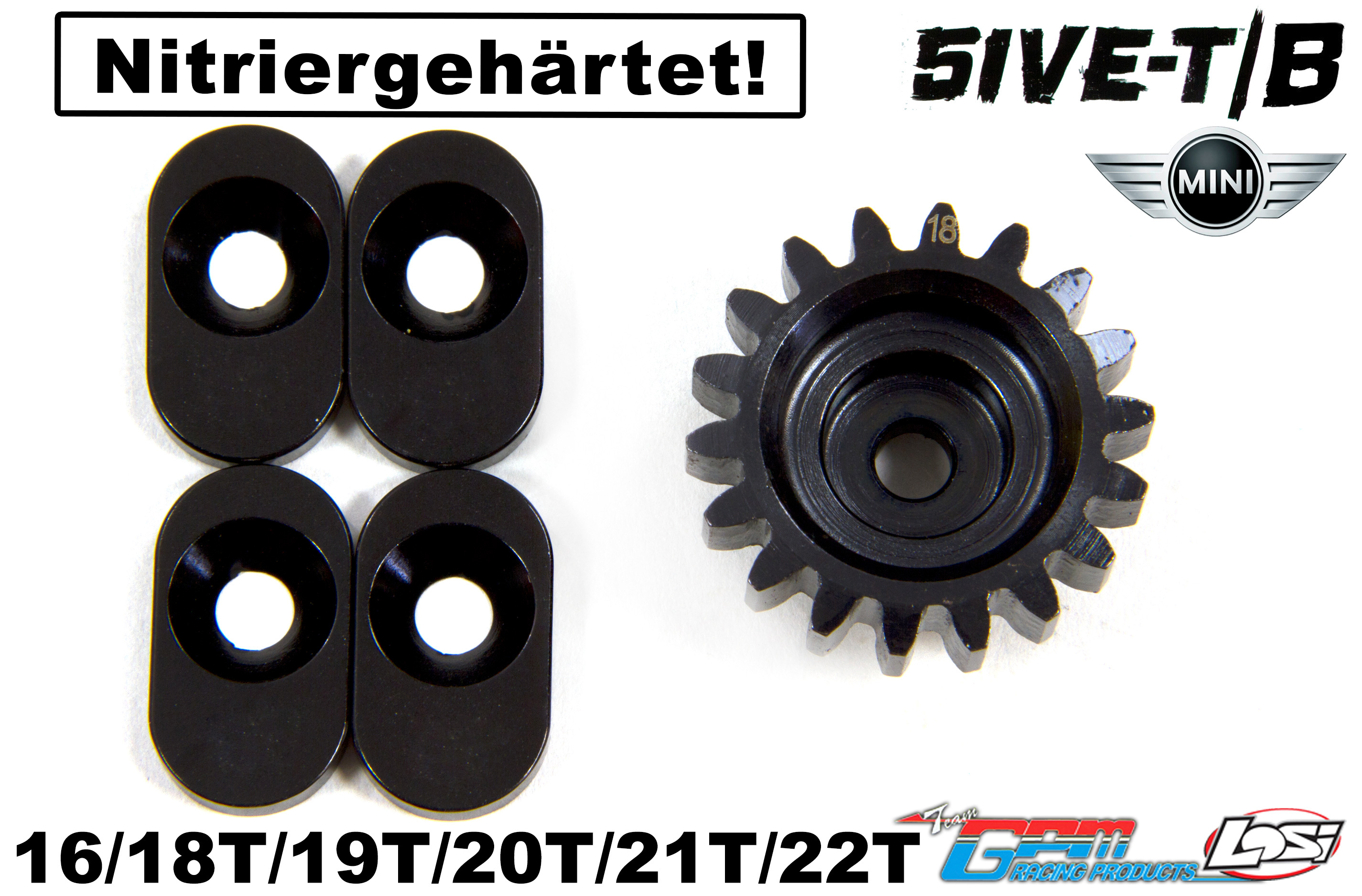 GPM SLO5T 16/18/20/21 steel pinion incl. washer for Losi 5ive-T, 5ive-B and Mini GPM SLO5T 16/18/20/21 steel pinion incl. washer for Losi 5ive-T, 5ive-B and Mini