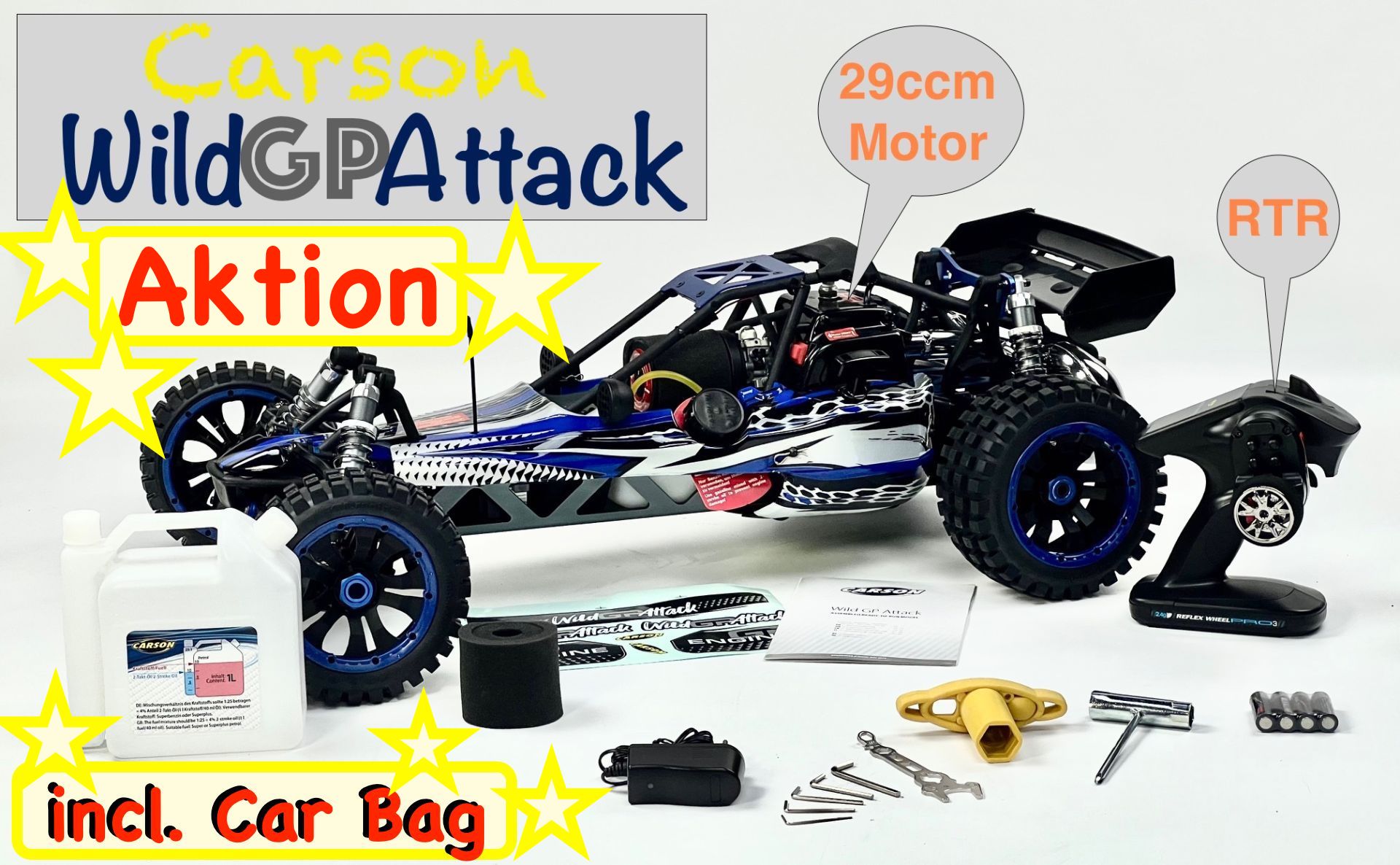 500304033 Carson 1/5 Wild GP Attack blue 2.4G RTR, 29cc engine, with accessories and Car Bag  ! Special !