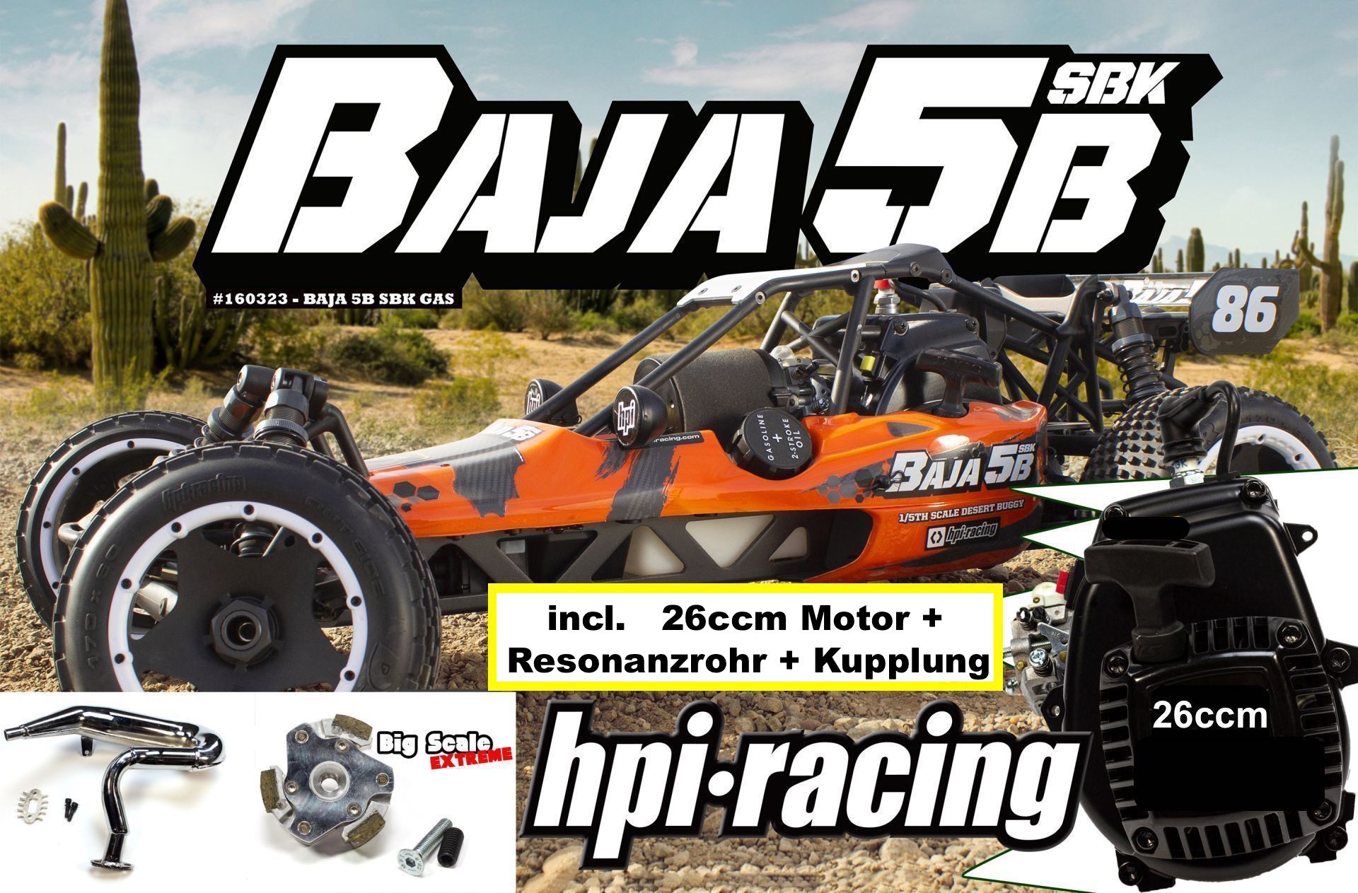 160323/02 HPI Baja 5B SBK Bausatz Benziner mit 26ccm Motor, EXTREME-Kupplung, Tuning Resonanzrohr