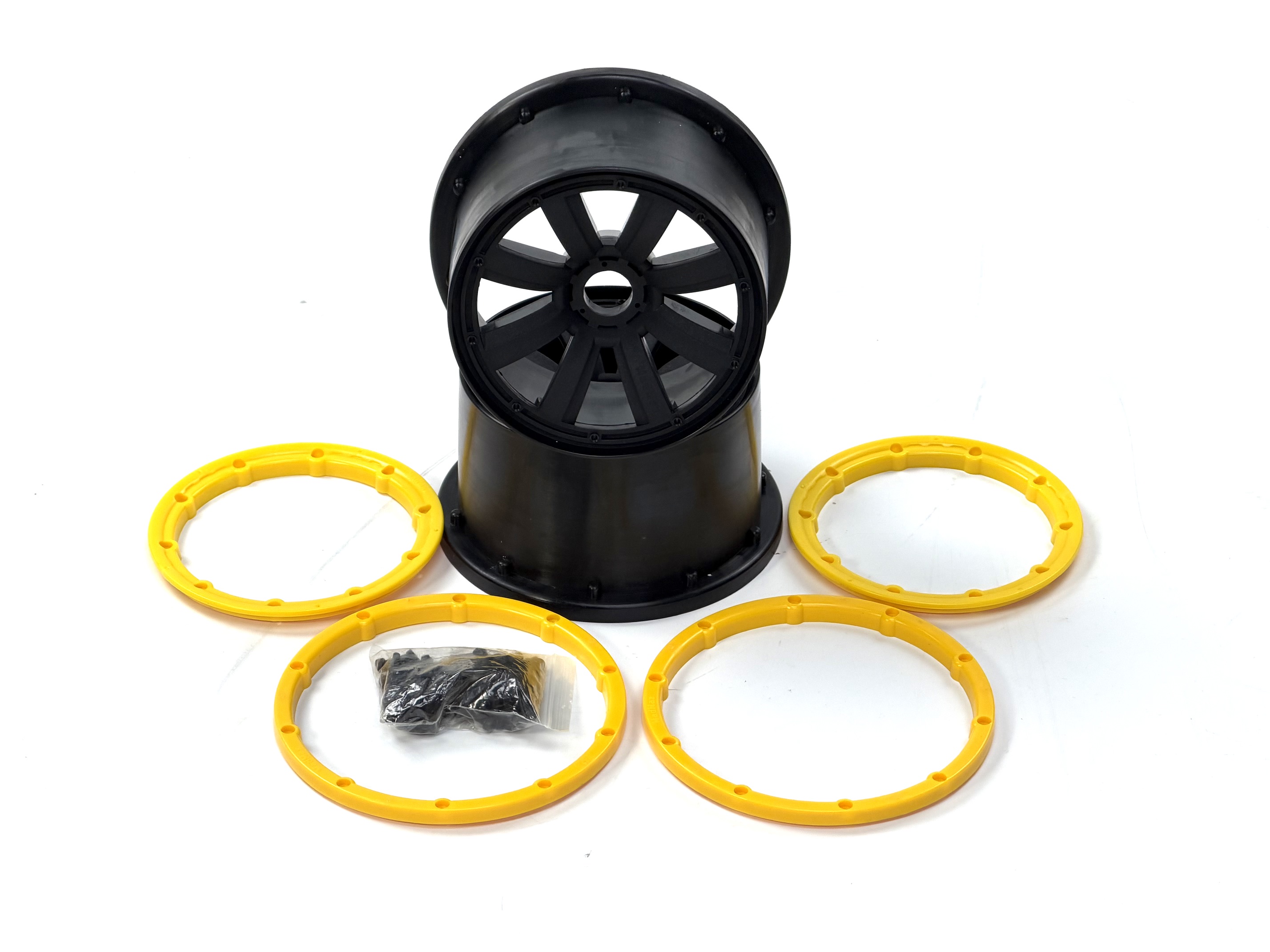 y1415/03 MadMax Extreme 80 mm Felgen Schwarz mit 24mm Felgenmitnehmer und gelben Felgenringen, 1 Paar