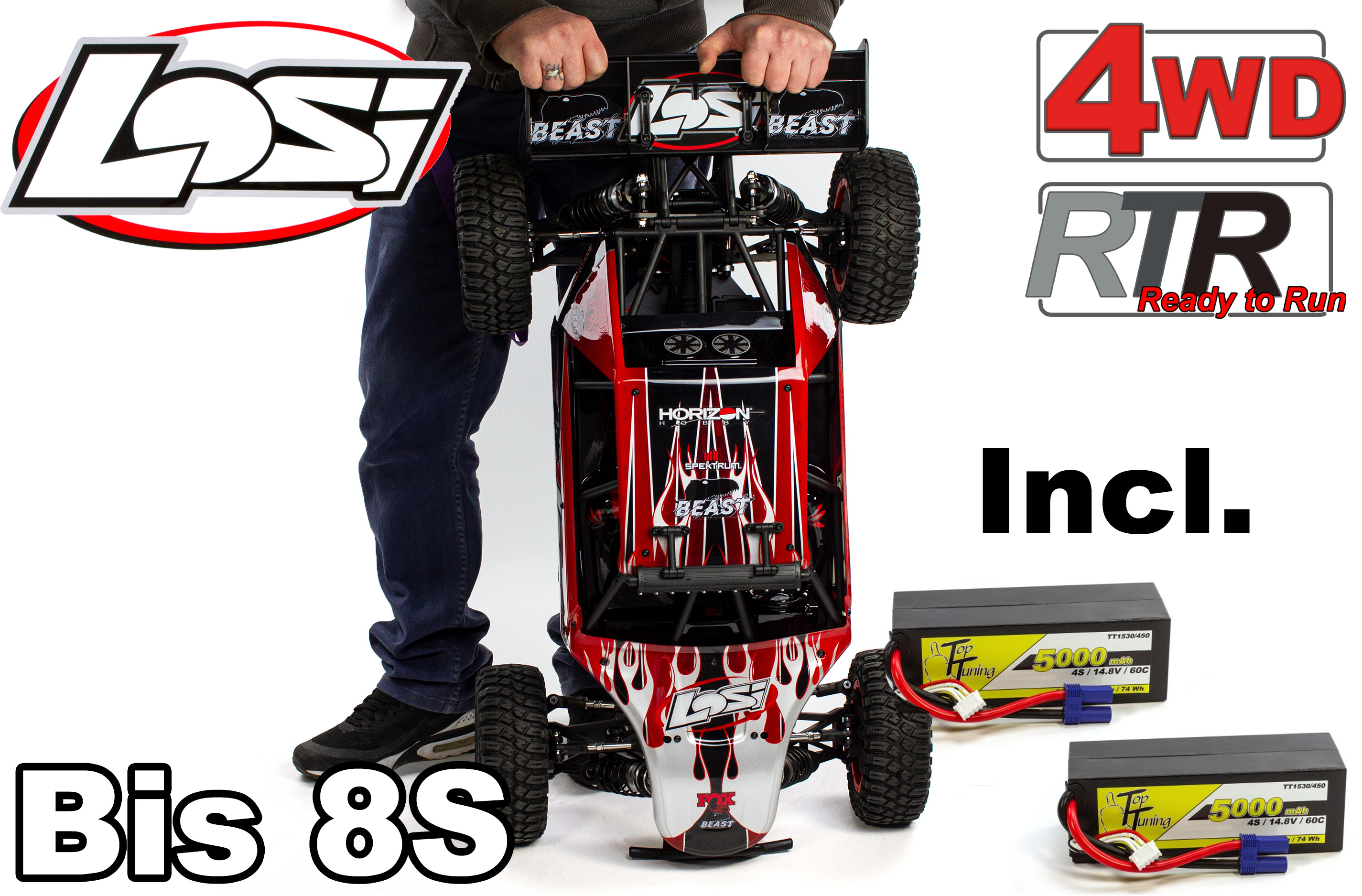 LOS05020V2T2 Losi DBXL-E 2.0 4WD Brushless RTR mit Losi Karosserie Incl.Top-Tuning Akkus 2x4S / 5000 60C