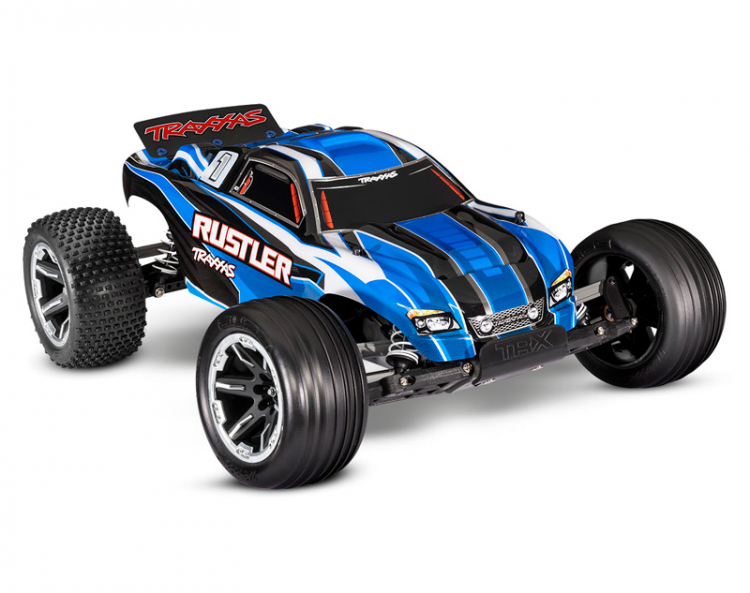 TRX37054-8-BLUE Traxxas Rustler 2WD 1/10 RTR TQ - With Battery/USB Charger