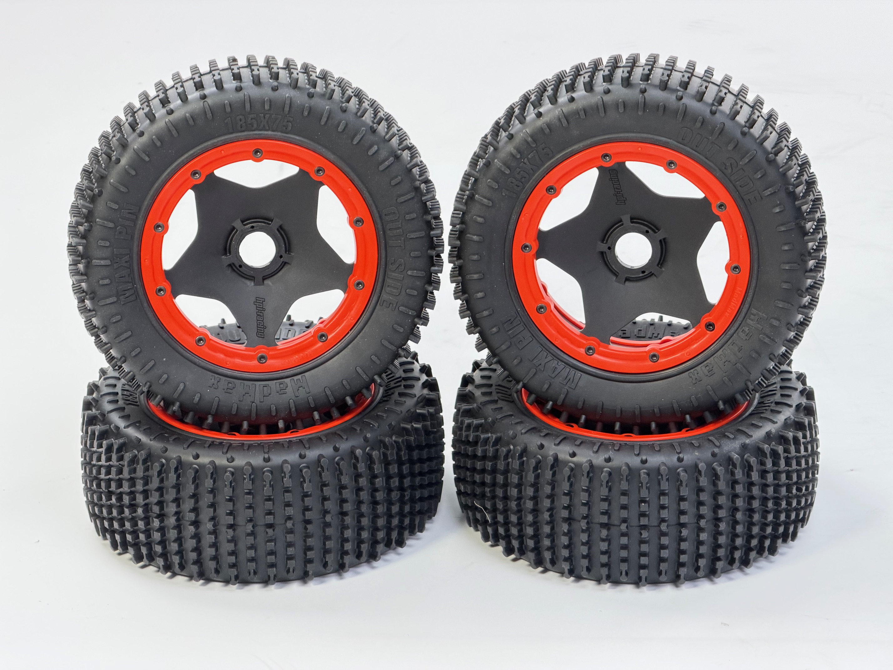 y1415/03 MadMax Maxi Pin tyres on HPI Super Star rims 24mm hex, 2 pair