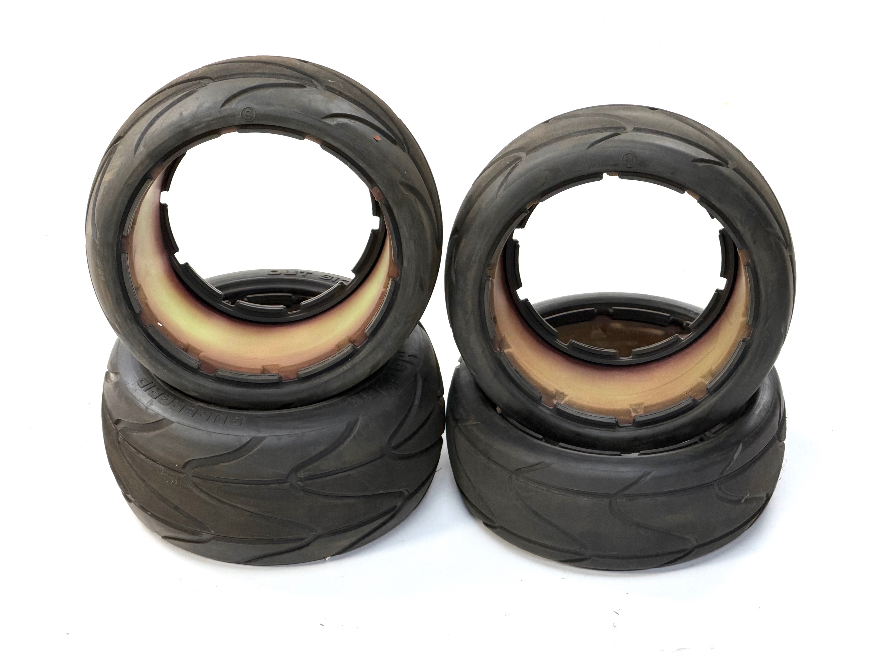 y157 Madmax Supergrip Onoad tyres 60+80 mm + insert for 1/5 + 1/6 off-roaders, 2 pairs, used