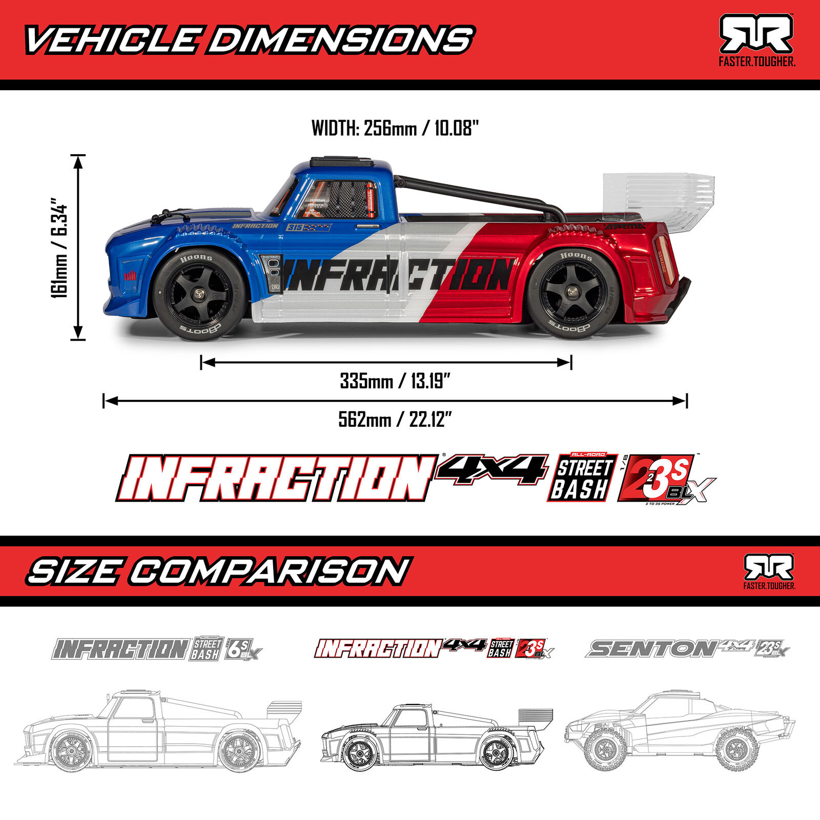 ARA4315V4T1 ARRMA 1/8 INFRACTION 223S DSC 4X4 RTR Brushless All-Road Street Bash Truck, Blue/Red