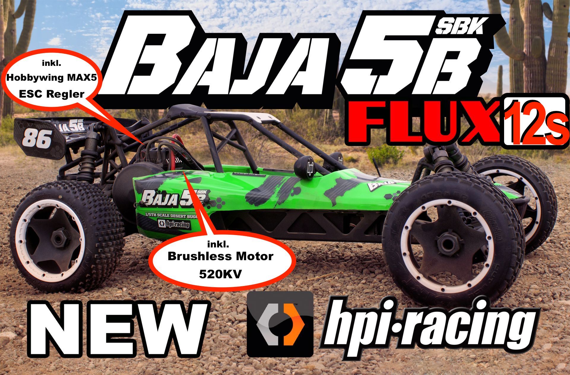 160324/12S HPI Baja 5B SBK Flux Electric Kit with Hobbywing Max 12S ESC and 520kV brushless motor.