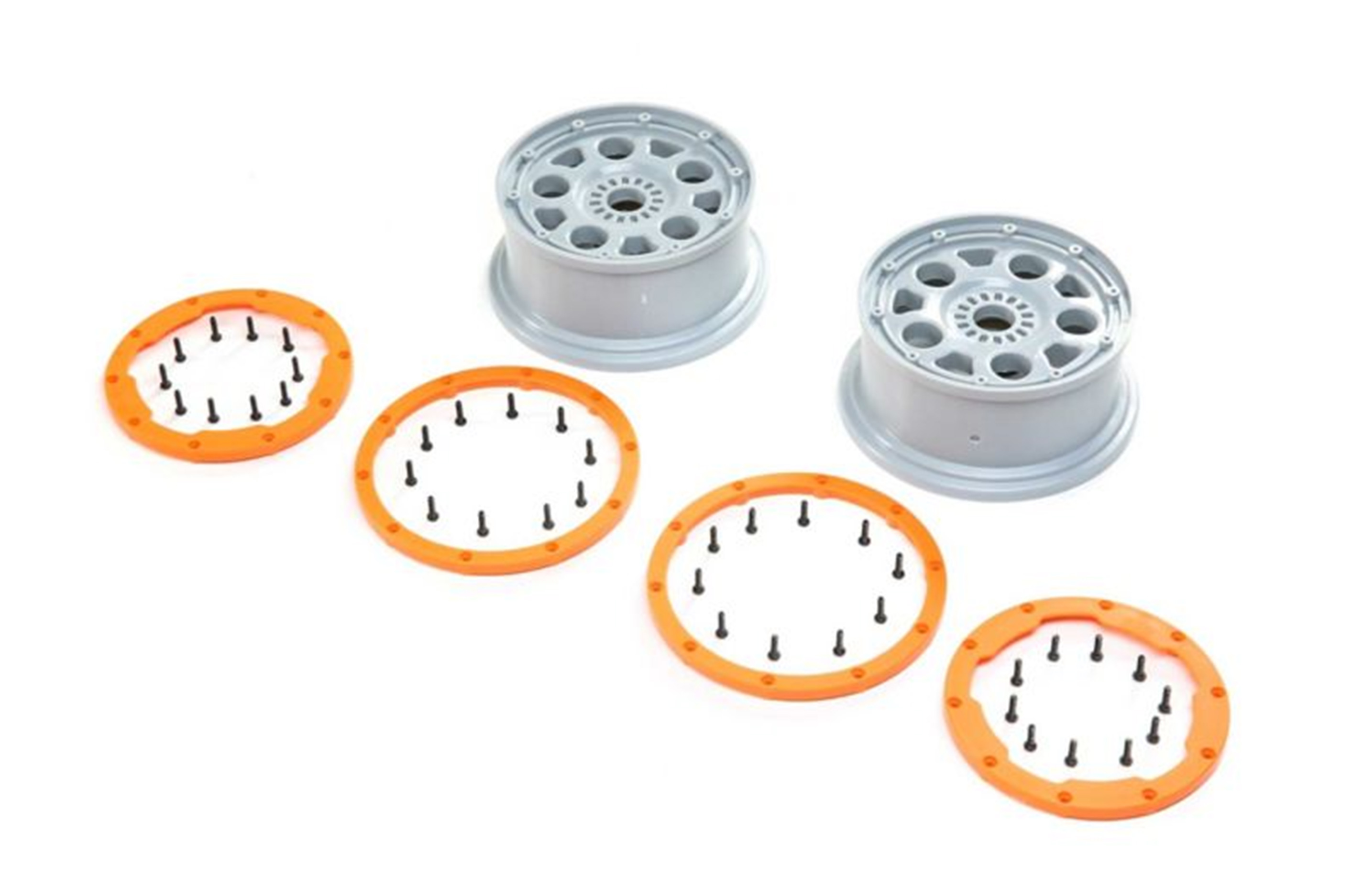 LOS45032 Losi Wheels, Silver, orange Bead Lock for DBXL-E 2.0 LOS45032 Losi Wheels, Silver, orange Bead Lock for DBXL-E 2.0