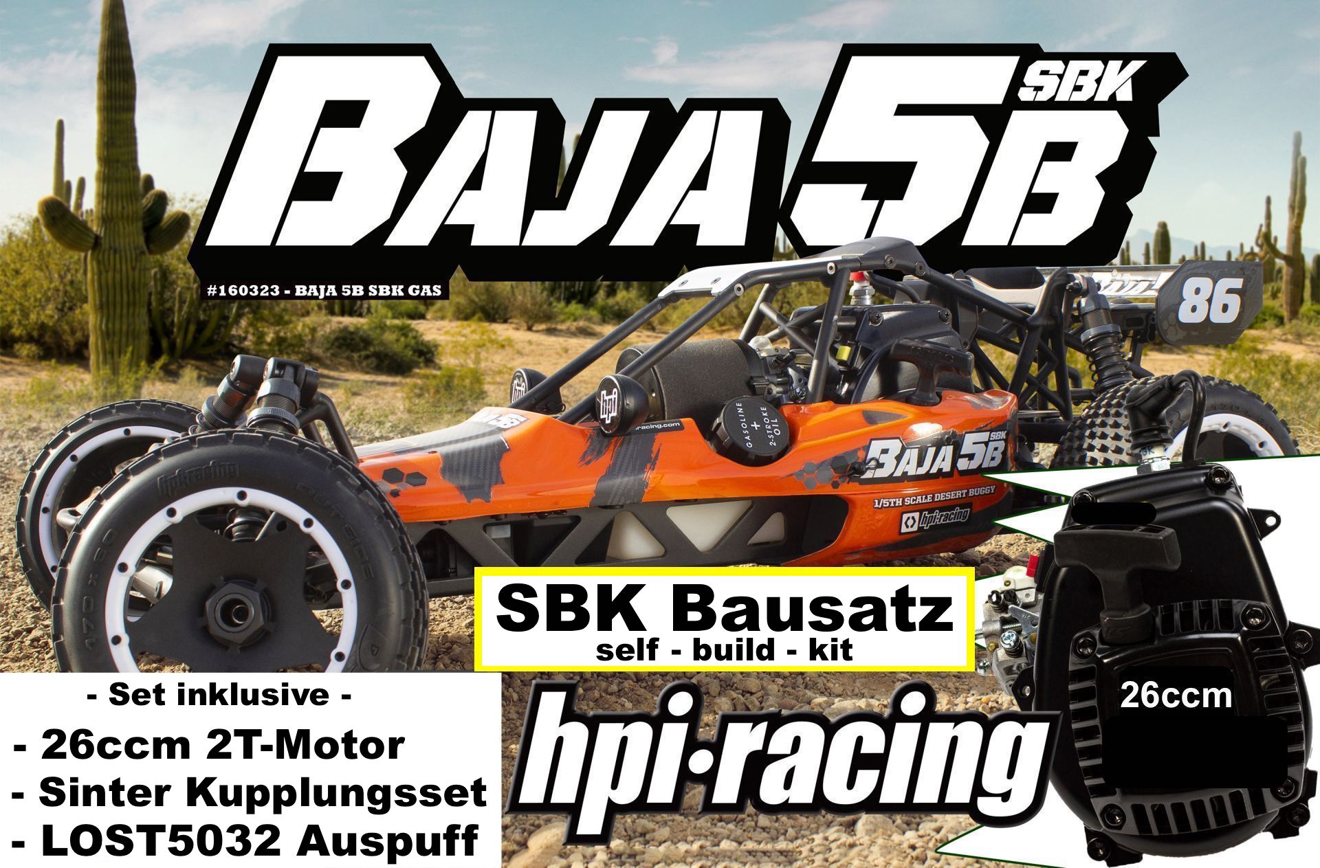 160323/01 HPI Baja 5B SBK Bausatz mit 26ccm Motor, Kupplung und Auspuff
