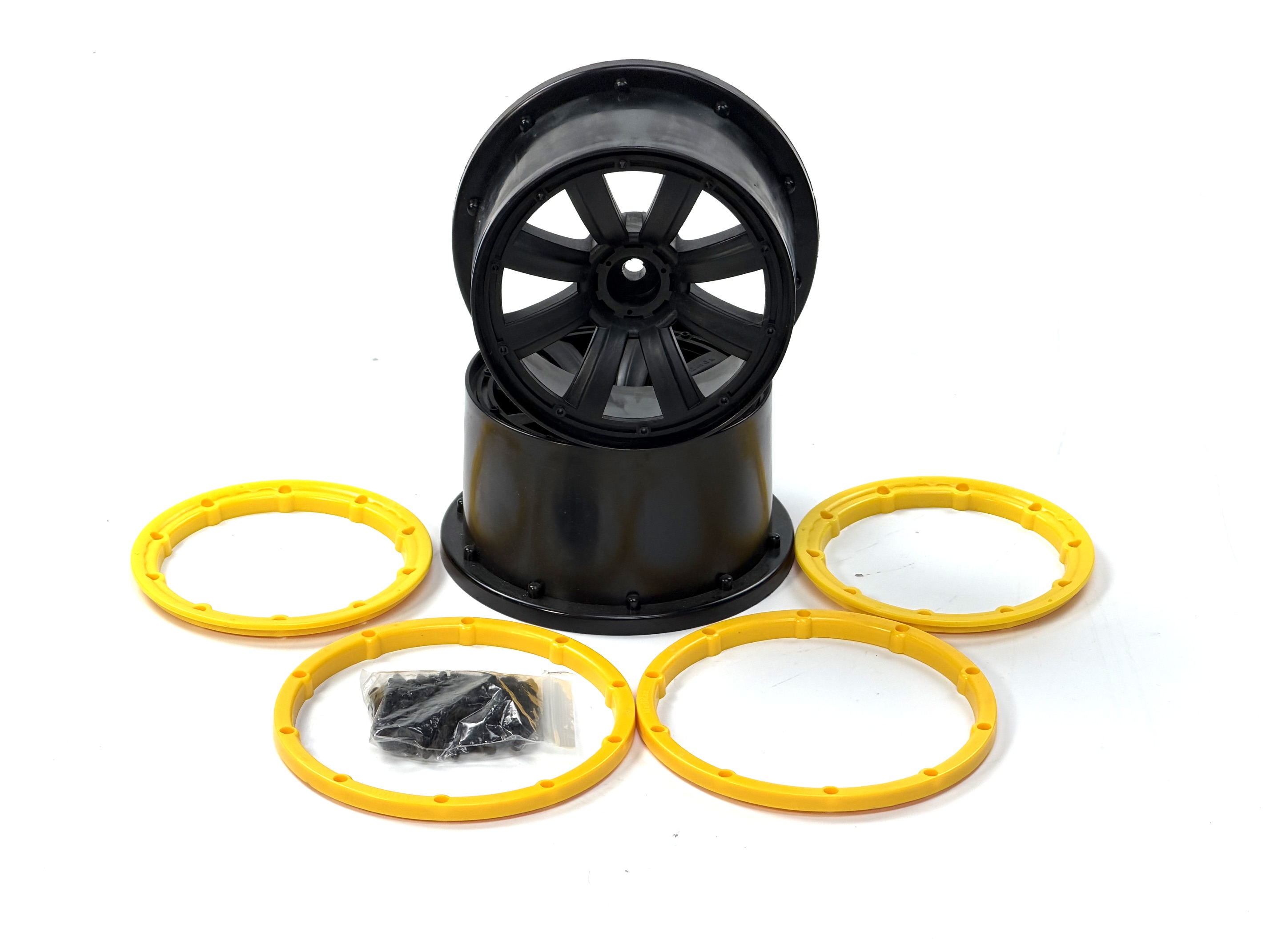 y1415/02 MadMax Extreme 80mm Felgen Schwarz mit 18mm 4-Kant Mitnehmer und gelben Felgenringen, 1 Paar