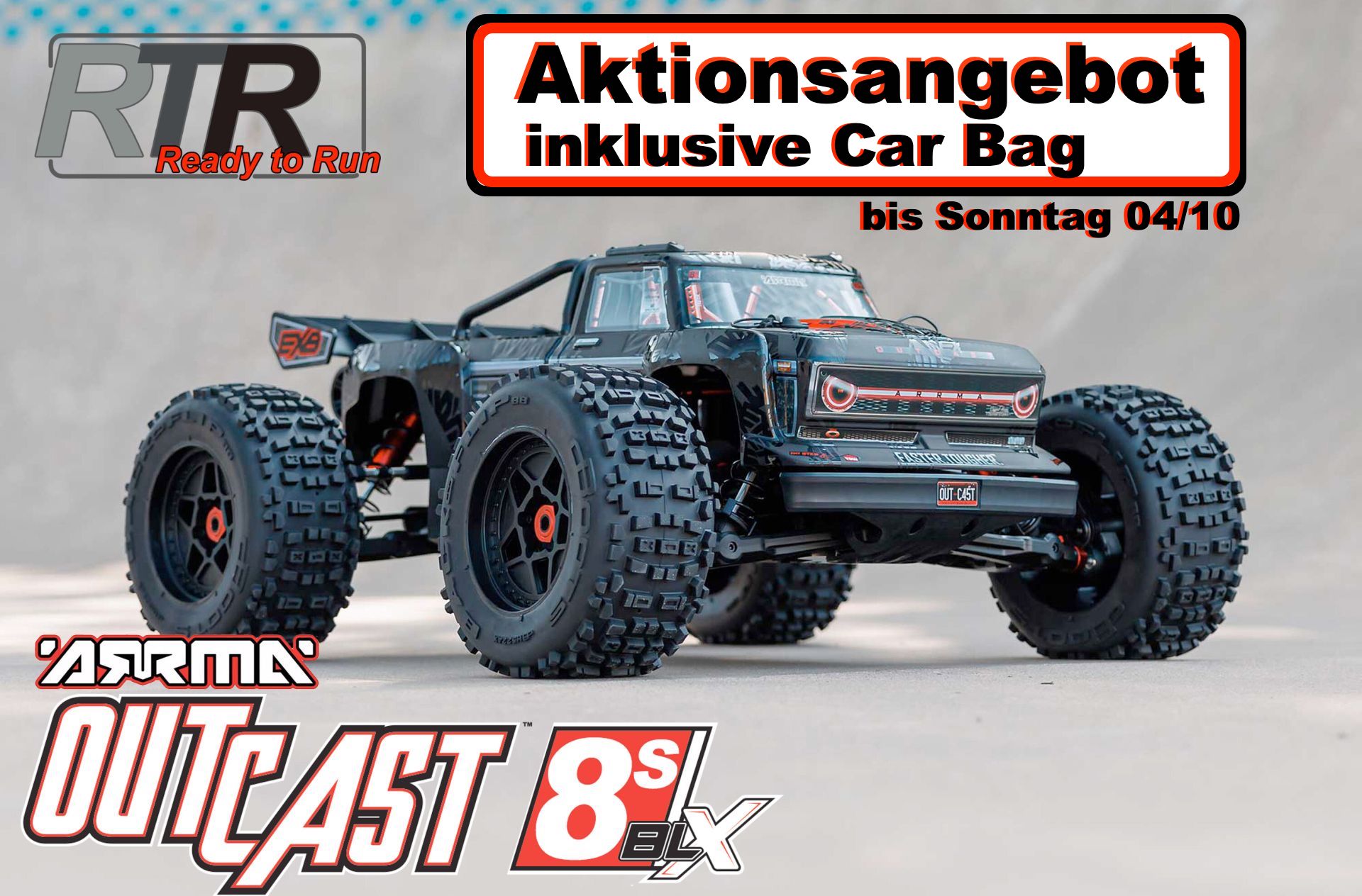ARA5810V2T1 OUTCAST 4x4 8S BLX EXB 1:5 Brushless Stunt Truck RTR, schwarz, incl. Car Bag.