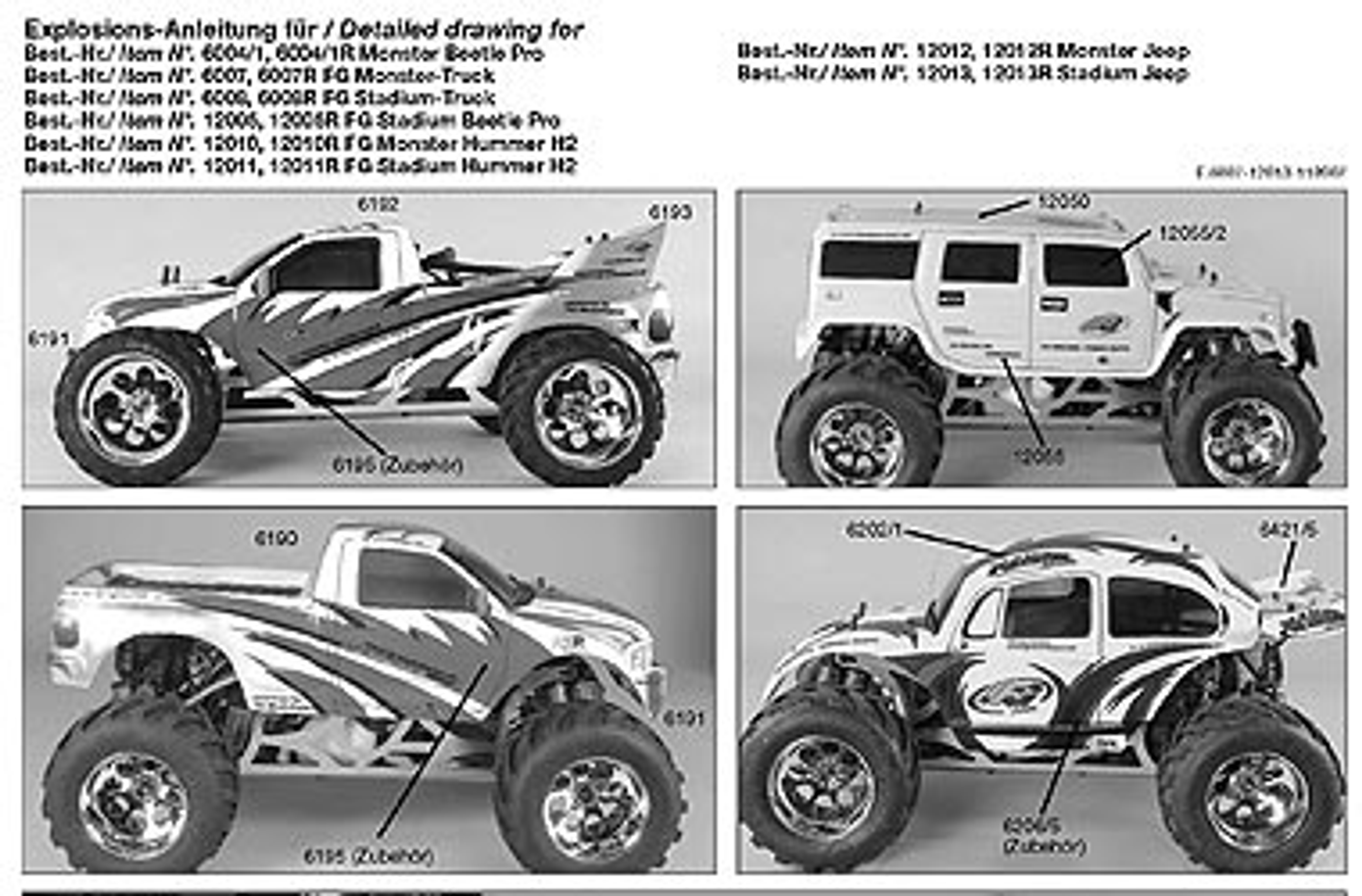 y0961 FG Anleitungsset alle 2WD Monster + Stadium Modelle außer Monster Beetle, Set
