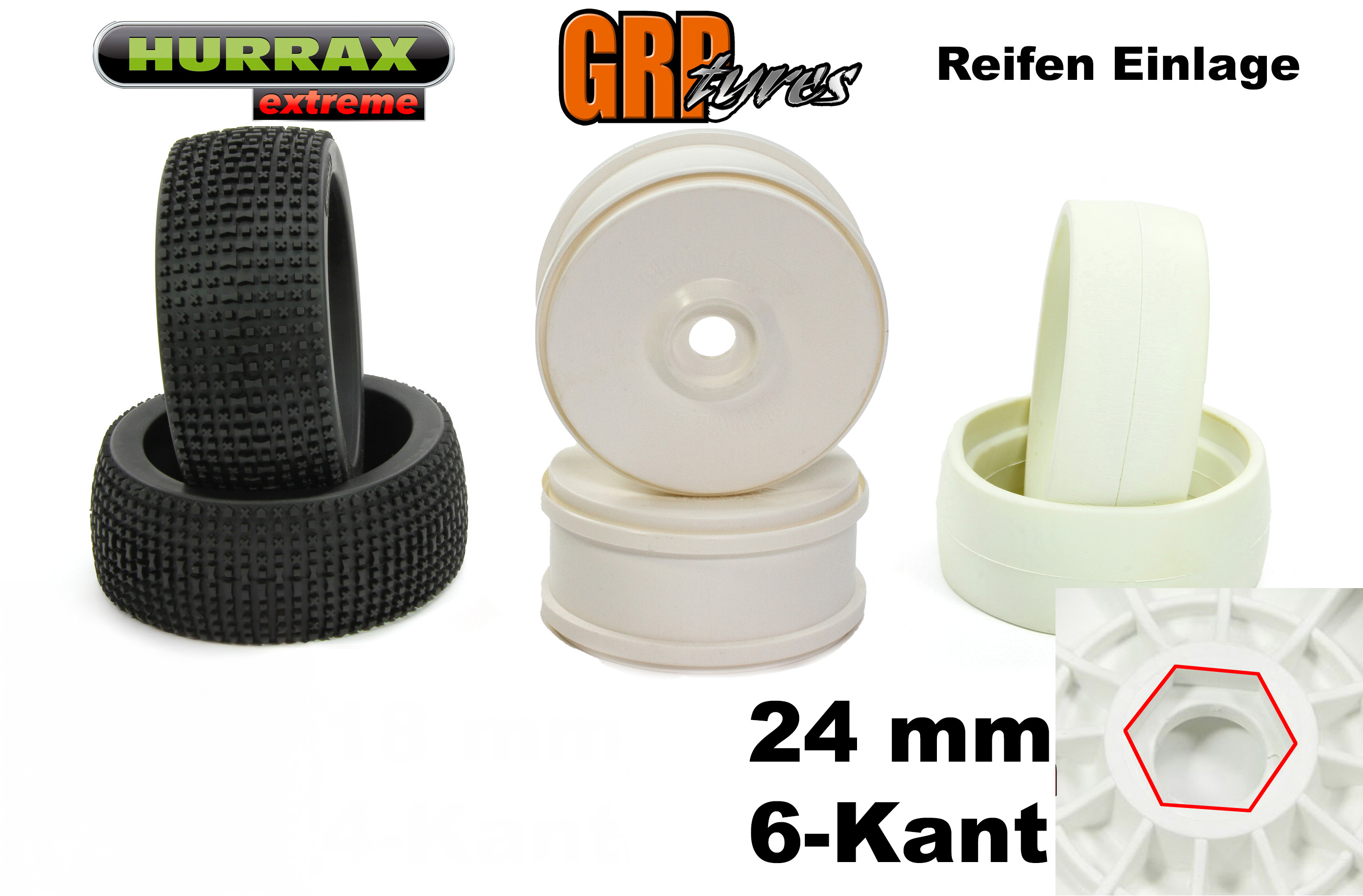 HURRAX extreme Race tires + GRP Disc rim 24 mm hex + inlays set HURRAX extreme Race tires + GRP Disc rim 24 mm hex + inlays set