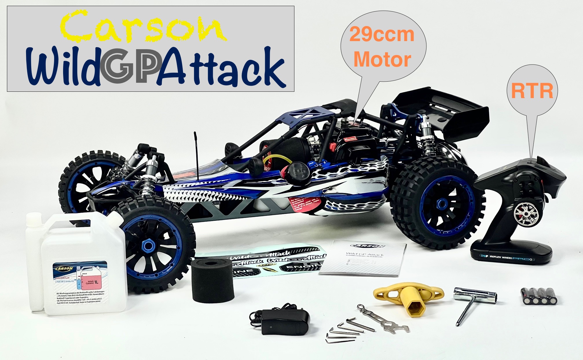 500304033 Carson 1:5 Wild GP Attack blau 2.4G RTR, 29 cm³ Motor, mit Zubehör 500304033 Carson 1:5 Wild GP Attack blau 2.4G RTR, 29 cm³ Motor, mit Zubehör
