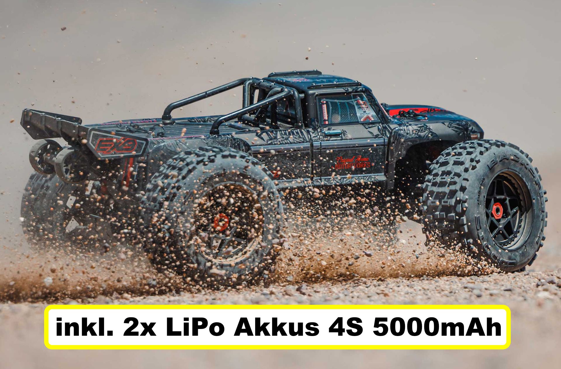 ARA5810V2T1 1/5 OUTCAST 4X4 8S BLX EXB Brushless Stunt Truck RTR, Black incl. 2x 5000 4S Batteries and Car Bag