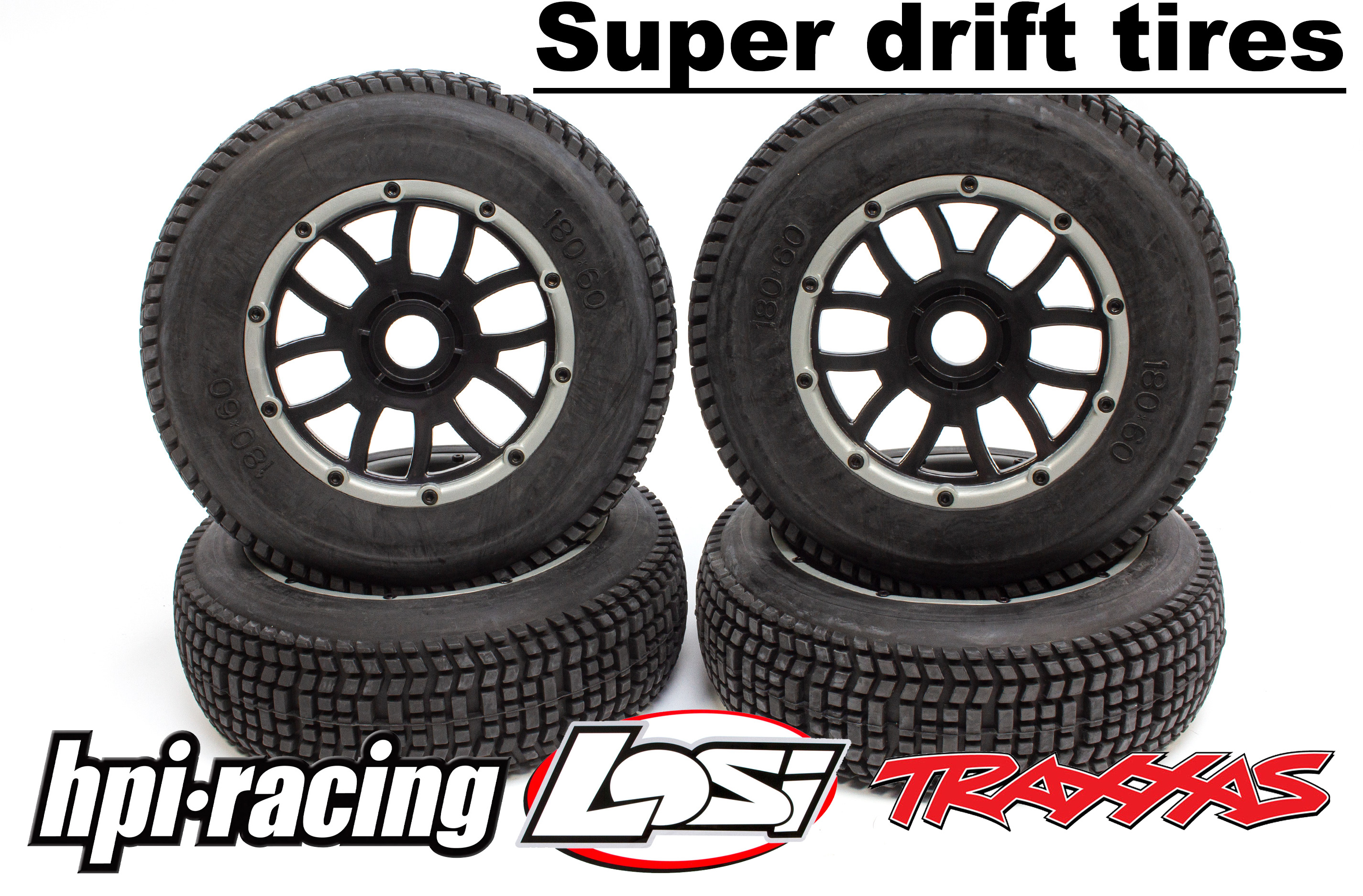 y1320 Narrow-Grip 616 type drift tires, mounted and with 24 mm hex for Losi, HPI, MCD