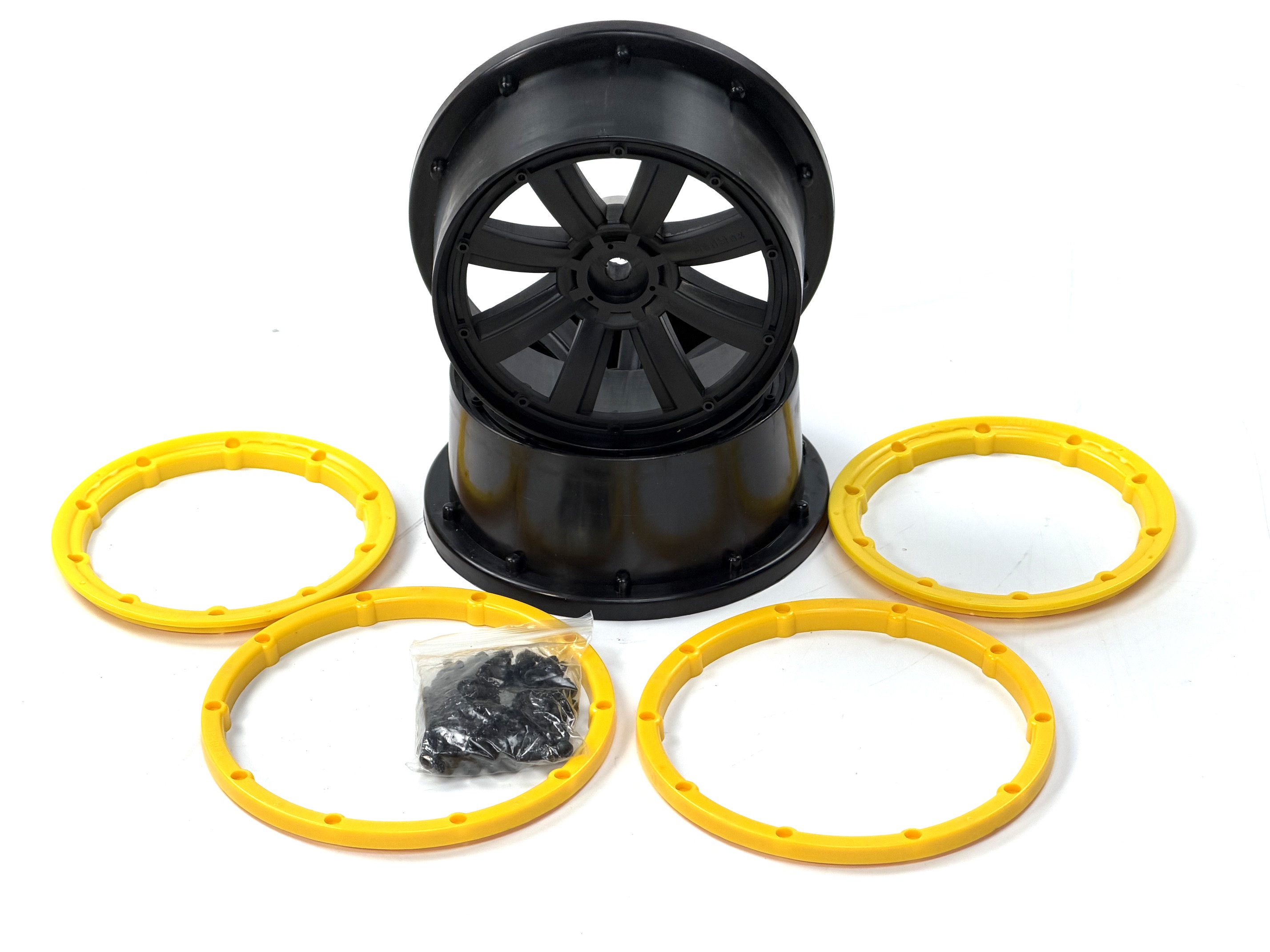 y1415/01 MadMax Extreme 60mm Felgen Schwarz mit 18mm Mitnehmer und gelben Felgenringen, 1 Paar