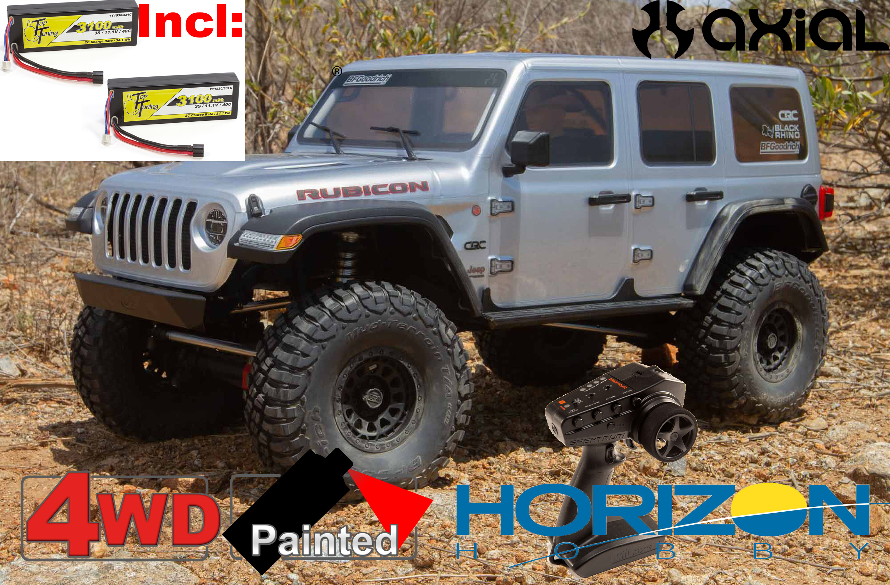 AXI05000T2 axial 1/6 SCX6 Jeep JLU Wrangler 4WD Rock Crawler RTR, silver with 2x TopTuning 3S 3100mAh Batterys