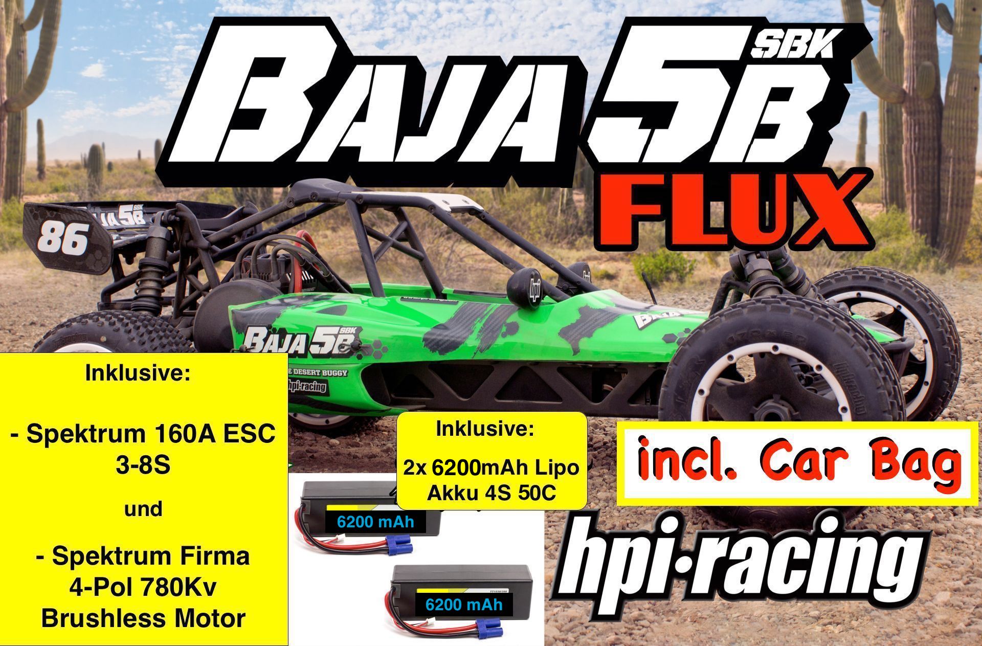 160324/02 HPI Baja 5B SBK Flux Bausatz Elektro mit original Spektrum 3-8S Regler und 780 kV Brushless Motor incl. 8S Fahrakkus und Car Bag !
