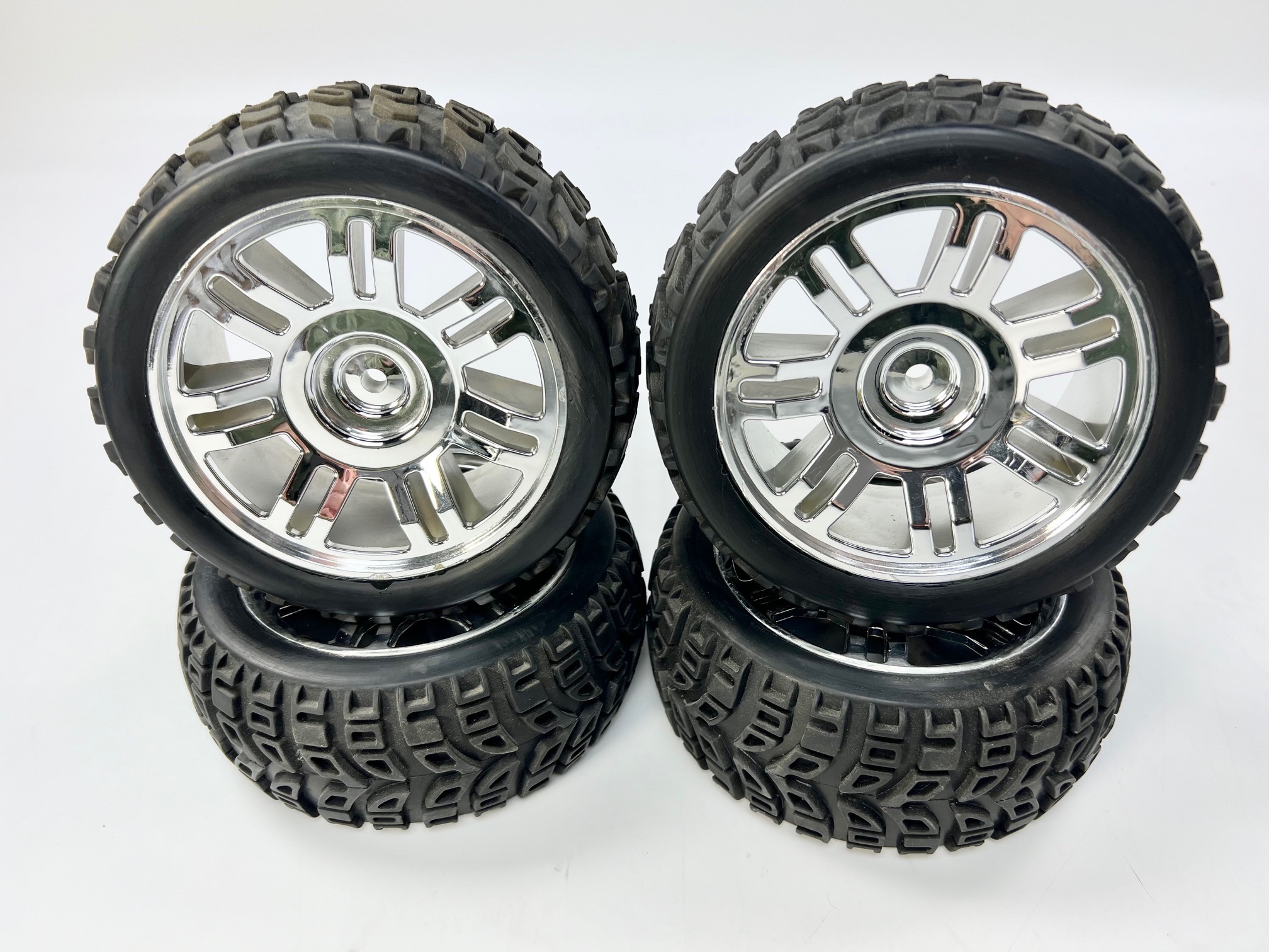 2 pairs of offroad tyres set on chromed double spoke rims ready glued "9"