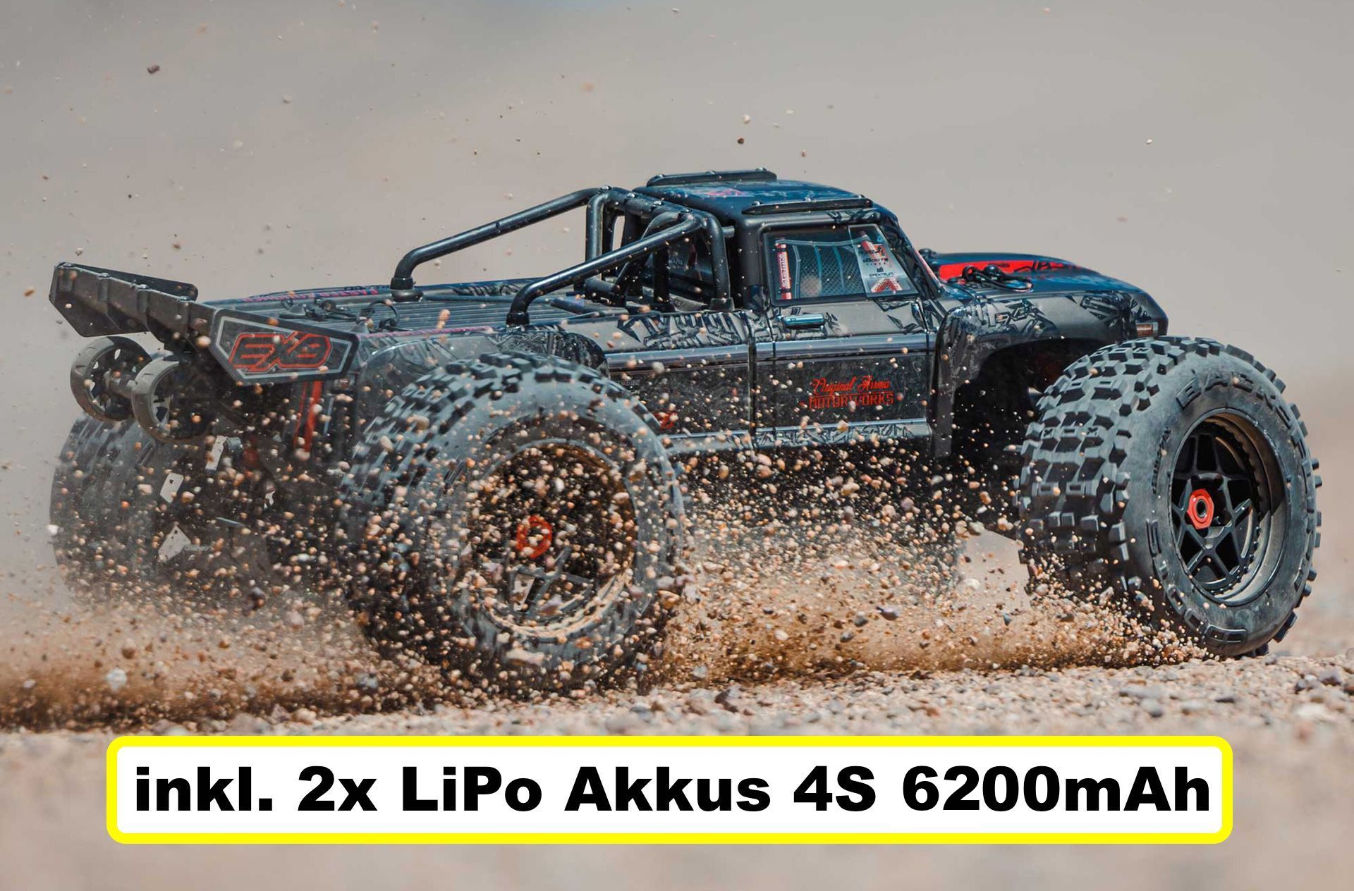 ARA5810V2T1 OUTCAST 4x4 8S BLX EXB 1:5 Brushless Stunt Truck RTR, schwarz inkl. 2x 6200mAh 4S Akkus