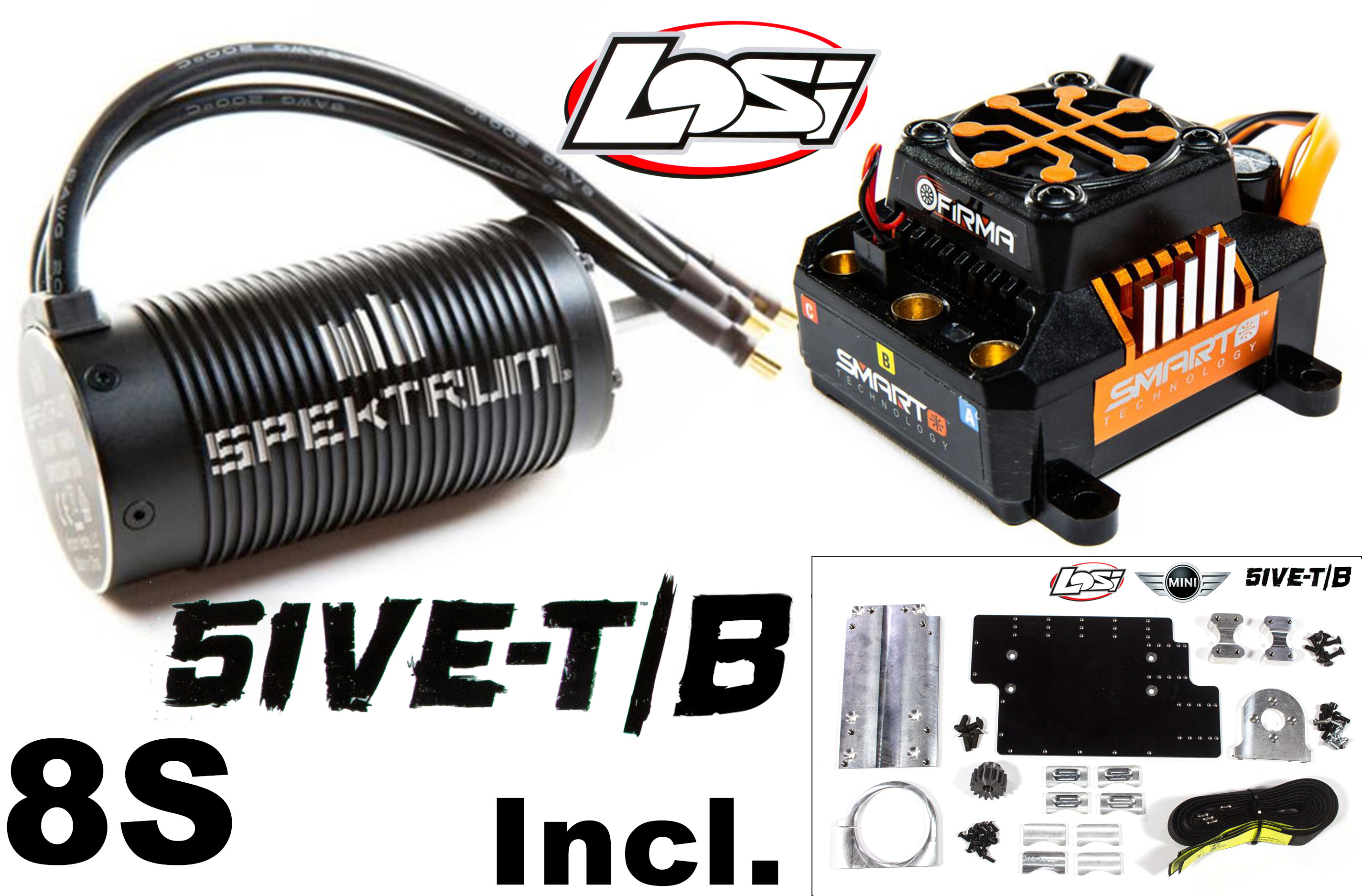 TT5013 Top Tuning komplettes Einbauset für Losi 5iveT/B und Mini mit original Losi Spektrum Motor / Regler