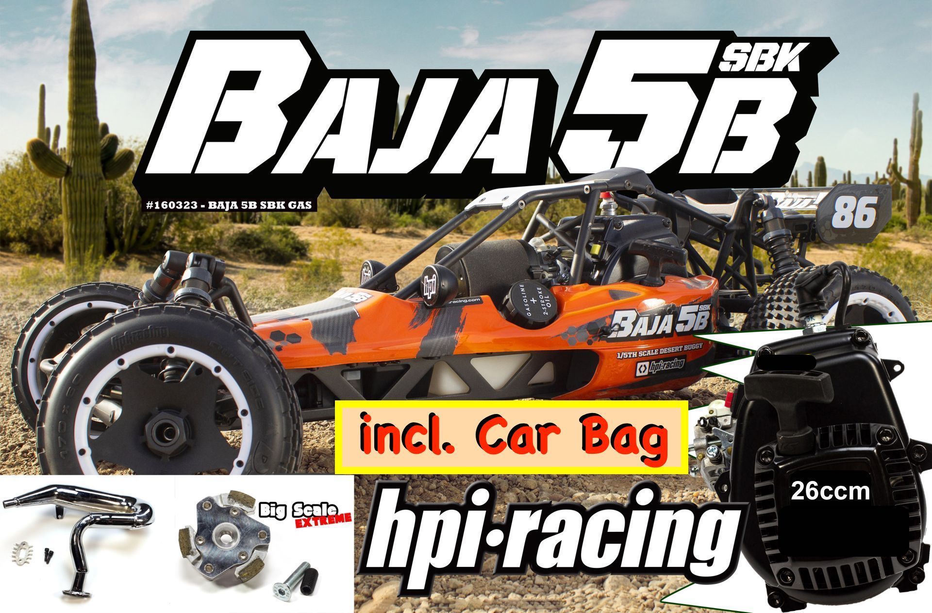 160323/02 HPI Baja 5B SBK Bausatz Benziner mit 26ccm Motor, EXTREME-Kupplung, Resonanzrohr 2.0 und Car Bag !