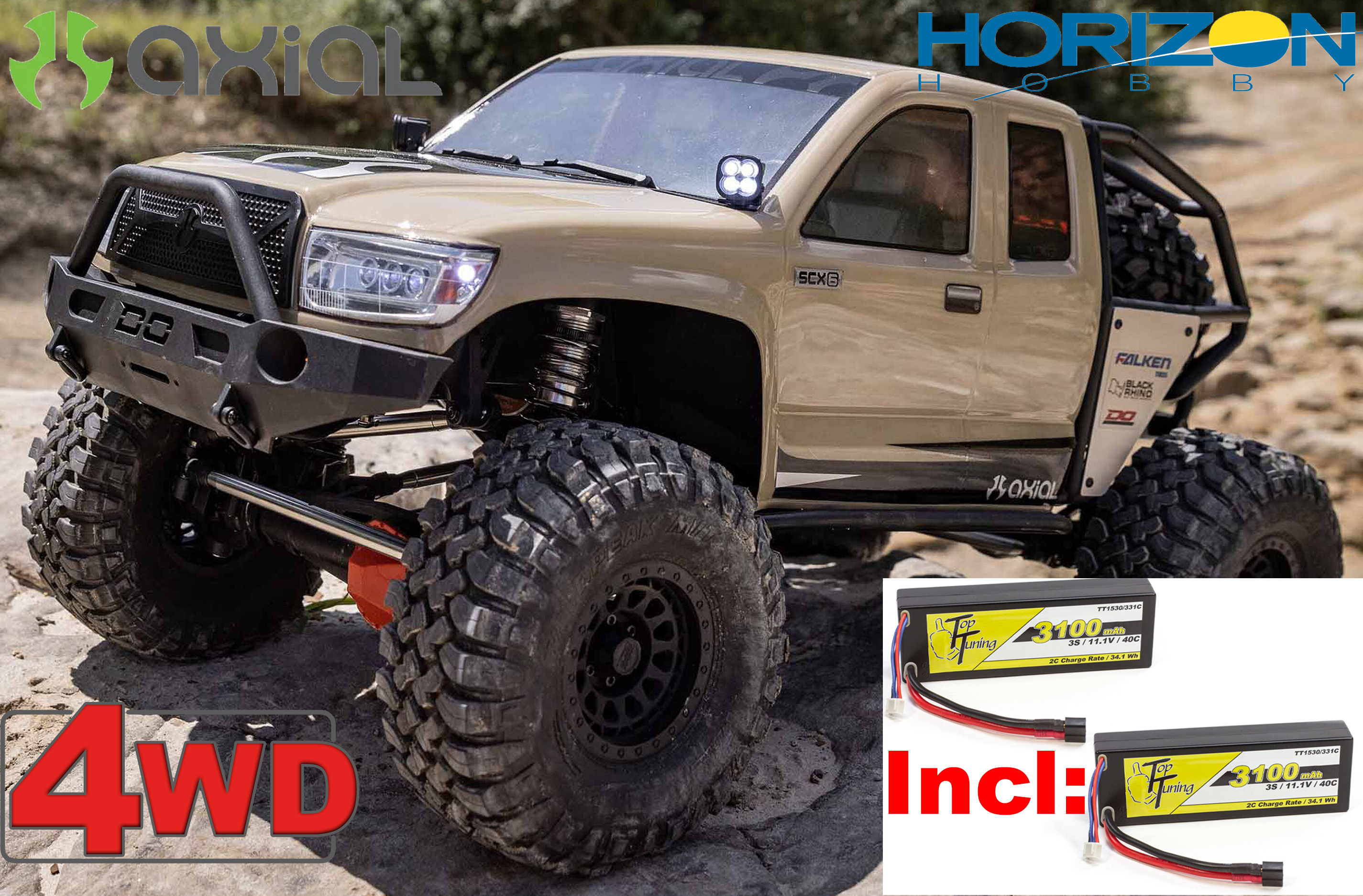AXI05001T2 Axial 1/6 SCX6 Trail Honcho 4WD RTR, Sand with 2x TopTuning 3S 3100mAh Batterys