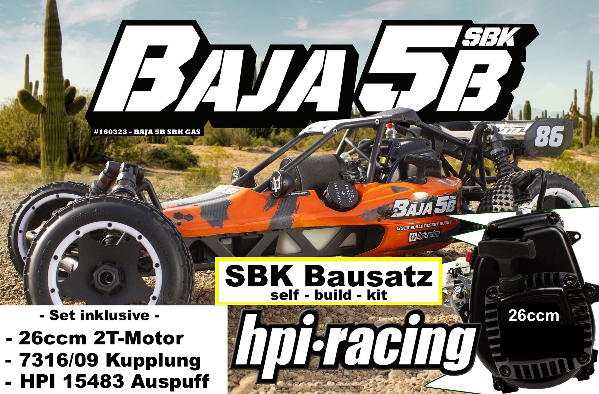 160323/01 HPI Baja 5B SBK Bausatz mit 26ccm Motor, Kupplung und Auspuff
