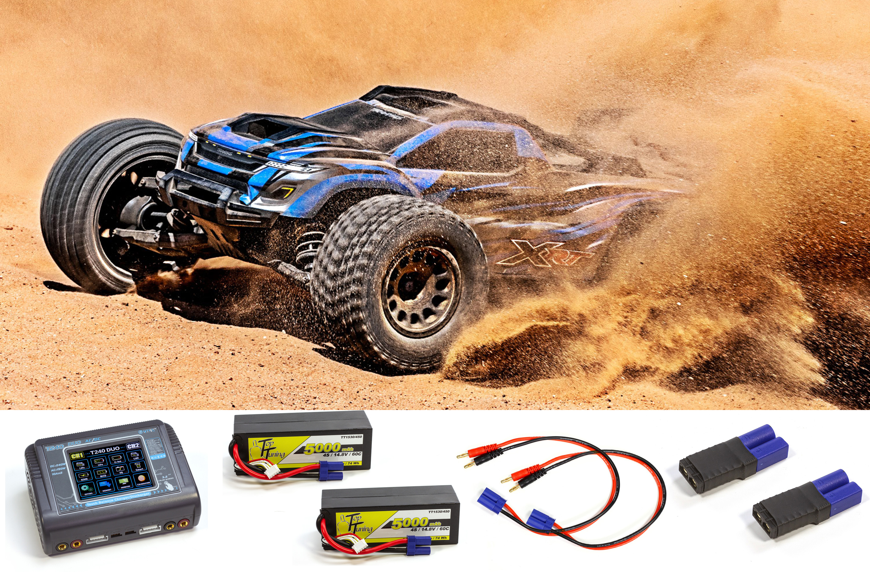 TRAXXAS XRT 4X4 VXL Blue 4WD Race Truck RTR complete set with 2x 4S / 5000 mAh batteries + Dual charger 2x120W