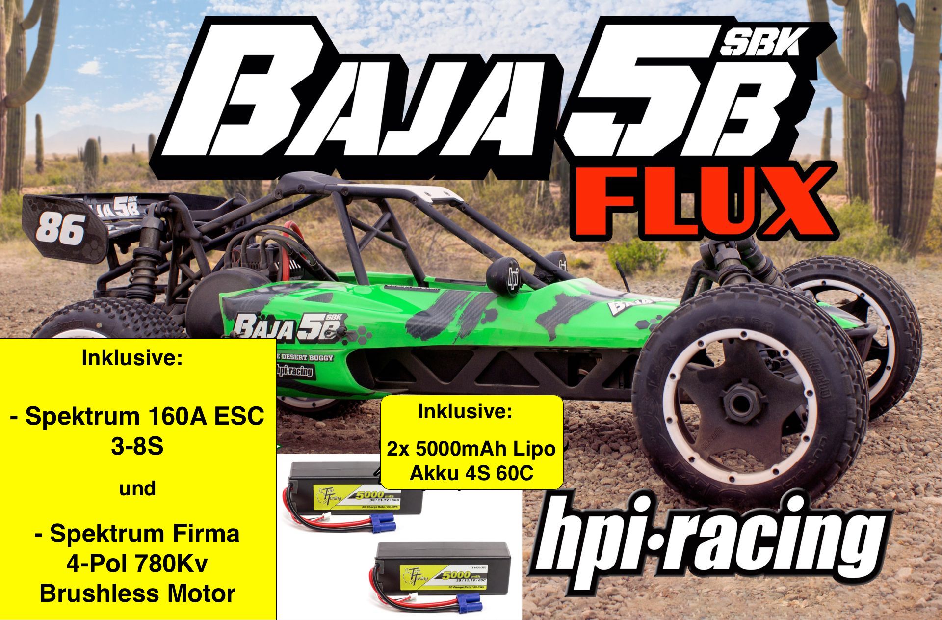 160324/02 HPI Baja 5B SBK Flux Bausatz Elektro mit original Spektrum 3-8S Regler und 780 kV Brushless Motor incl. 8S Fahrakkus