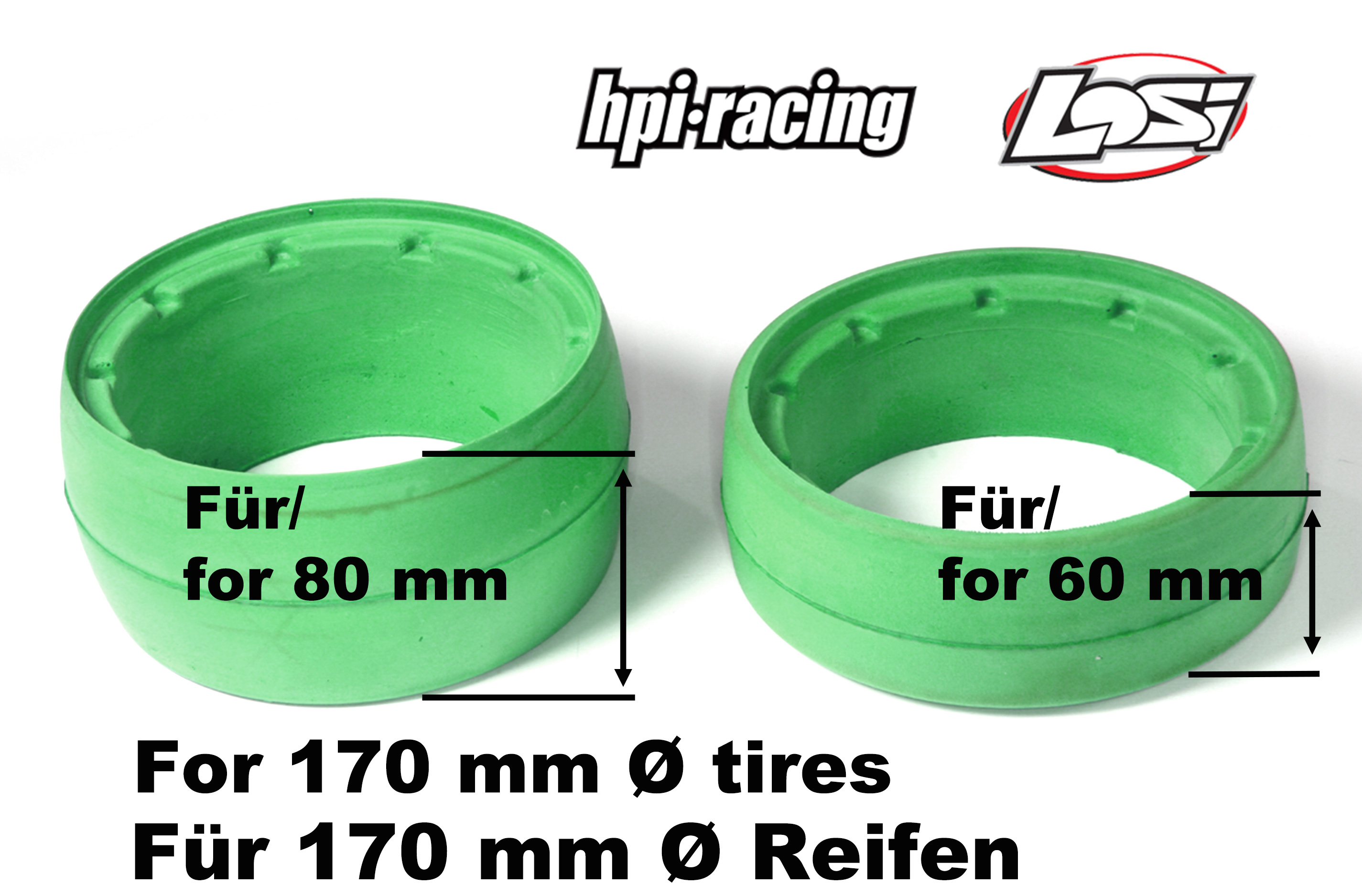y1323 Speziell geformte Reifeneinlagen grün für 170 mm  Ø HPI + Losi - Reifen in 60 + 80 mm Breite