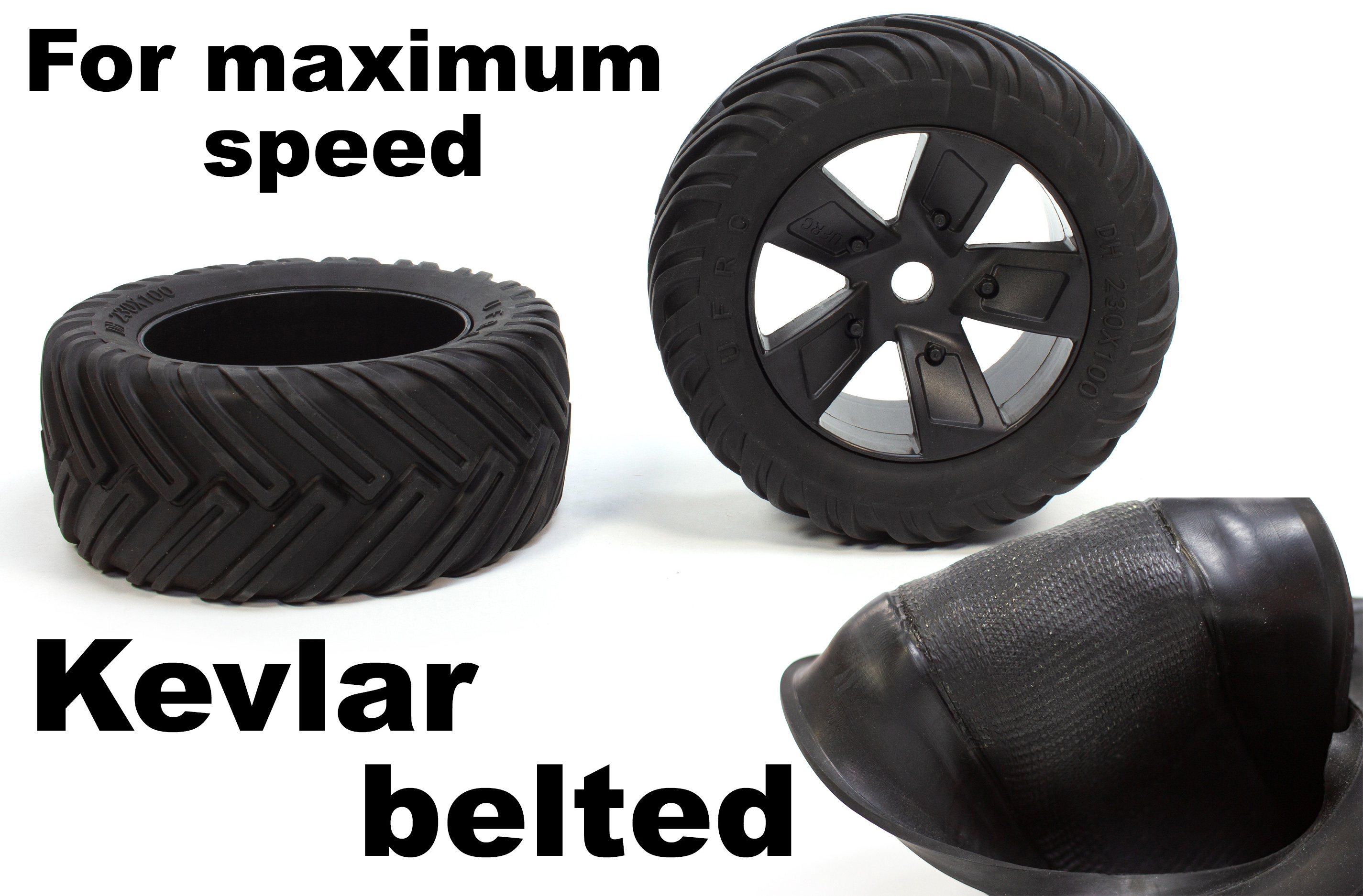 R250 Monster tires, 230 mm, with Kevlar belt reinforcement, incl. rims with 24 mm hex drive (LOSI/HPI)