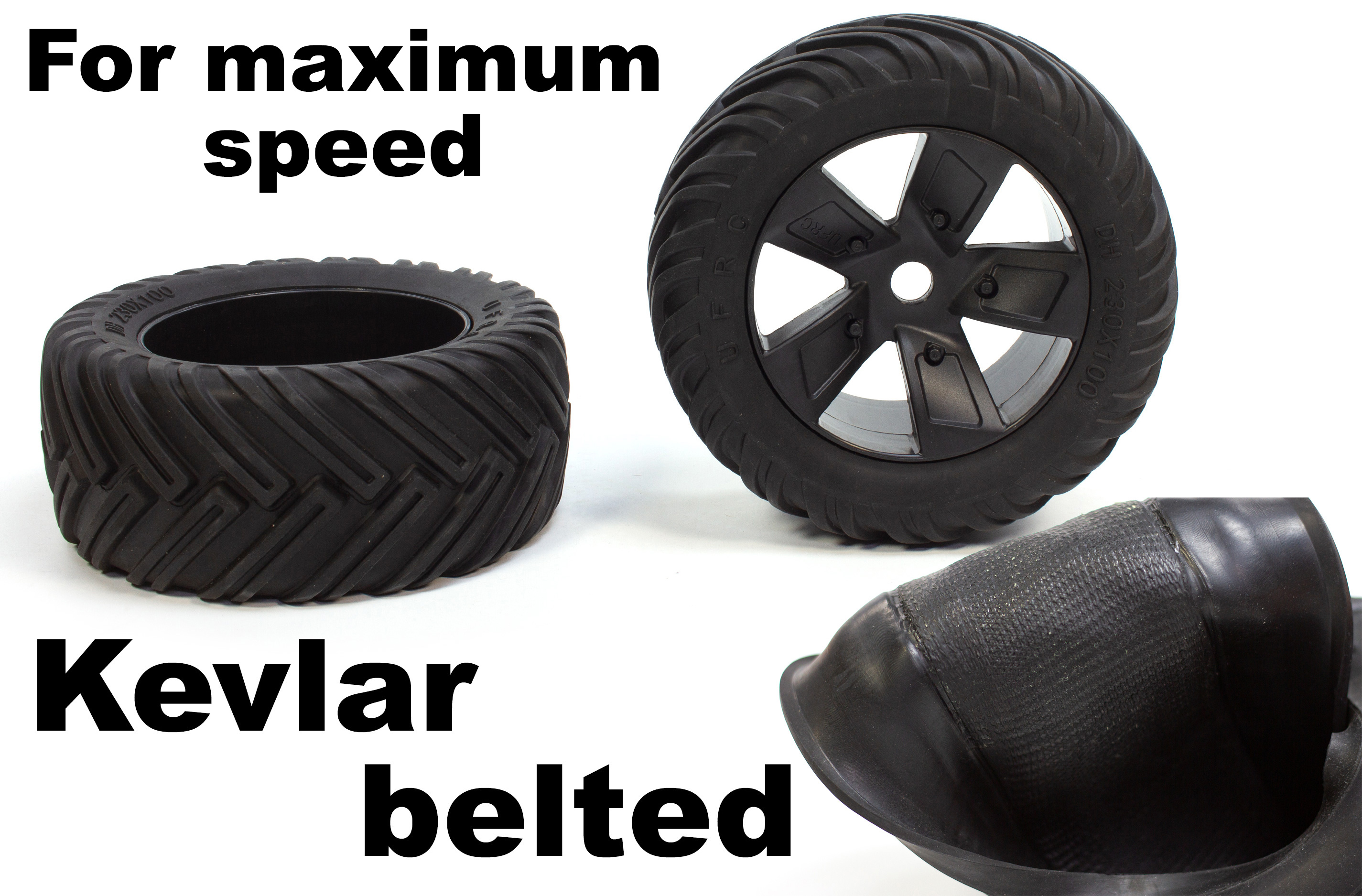 R250 Monsterreifen, 230 mm, mit Kevlargürtel, inkl. Felgen mit 24 mm Sechskant (LOSI/HPI) R250 Monsterreifen, 230 mm, mit Kevlargürtel, inkl. Felgen mit 24 mm Sechskant (LOSI/HPI)